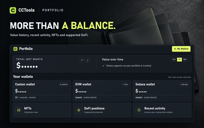 A screenshot of a 'CCTools PORTFOLIO' dashboard with the tagline 'MORE THAN A BALANCE,' displaying sections for 'Your wallets' including Canton, EVM, and Solana wallets, along with NFTs, DeFi positions, and recent activity.