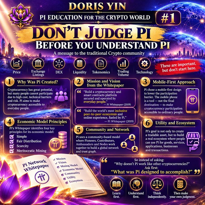 A vibrant purple and gold infographic titled "DORIS YIN — PI EDUCATION FOR THE CRYPTO WORLD #1" with the headline "DON'T JUDGE PI BEFORE YOU UNDERSTAND PI," explaining Pi cryptocurrency through six sections covering its creation, mission, mobile-first approach, economic model, community, and utility, while encouraging traditional crypto followers to learn and understand Pi before forming opinions.