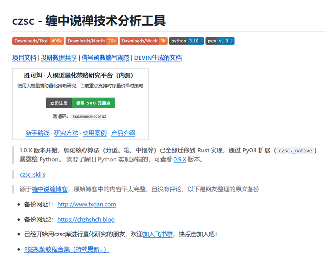 A screenshot of a Chinese webpage titled 'czsc - 缠中说禅技术分析工具' displaying download statistics and links related to technical analysis tools.