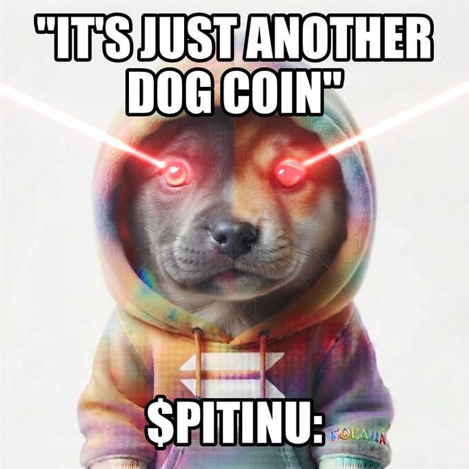 A meme featuring a Shiba Inu dog in a tie-dye hoodie with laser eyes, captioned 'IT'S JUST ANOTHER DOG COIN' with '$PITINU:' ticker at the bottom.