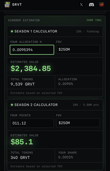 The image shows a cell phone screen displaying a screenshot of a Grvt calculator for season 1, specifically focusing on the allocation percentage. The screen also provides a breakdown of total tokens used throughout the game development process and suggests that this may be pocket money earned by the creator during the first season. The text in the image indicates a certain level of difficulty for the tasks at hand, with a strong emphasis on accuracy and efficiency in the development process.