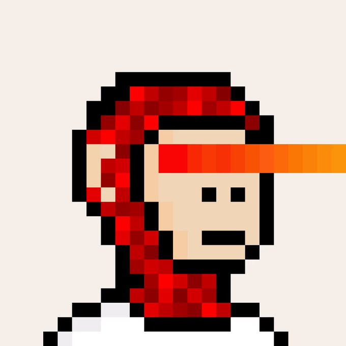 A pixel art illustration of a person wearing a red helmet with a bright orange laser beam shooting from their visor.