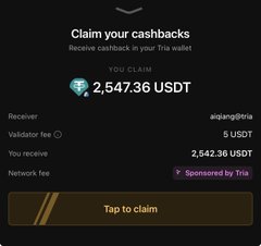 A Tria wallet screen showing 'Claim your cashbacks' with 2,547.36 USDT available to claim, sponsored by Tria.