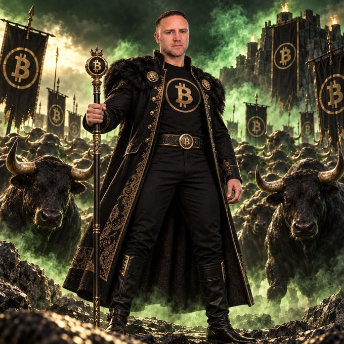 The image shows a man dressed in a regal, medieval-style black and gold fur-lined coat adorned with Bitcoin (₿) logos, holding a staff topped with the Bitcoin symbol, flanked by two charging bulls amid banners displaying the ₿ ticker and a dark castle in the background.

The image reinforces the post's Bitcoin-focused subscriber giveaway by visually symbolizing "bullish" crypto enthusiasm and a "king of the lotto" theme tied to the pinned winner drawing.