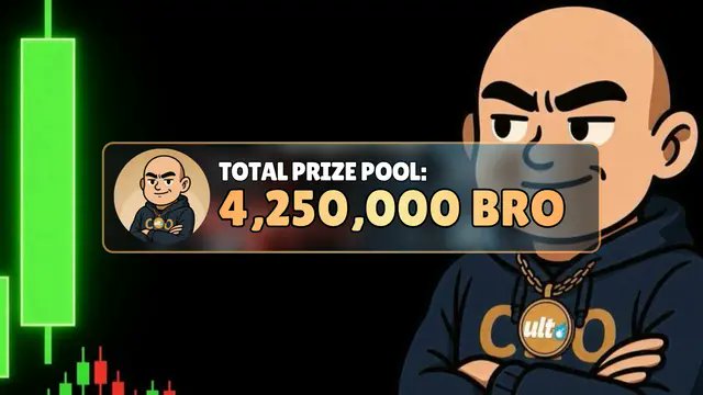 A graphic featuring a cartoon character wearing a 'Culte' hoodie, alongside a banner reading 'TOTAL PRIZE POOL: 4,250,000 BRO' next to a green candlestick chart.