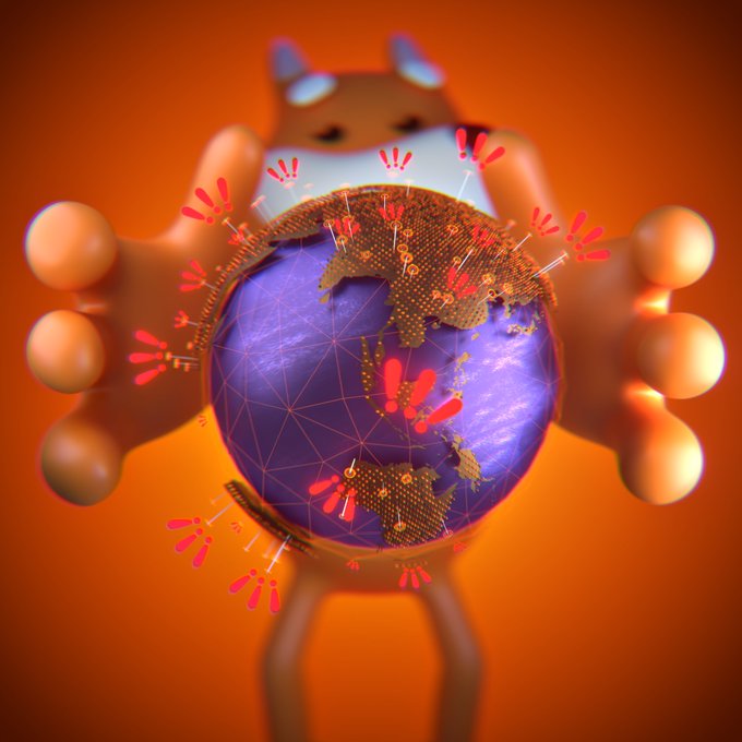 A cartoon character with horns holds a purple digital globe covered in red shockwave symbols against an orange background, visually representing the explosive, widespread reaction of the "BONK" meme spreading across the globe. The image's radiating impact markers perfectly capture the post's message about BONK's unstoppable, ever-expanding viral reach.