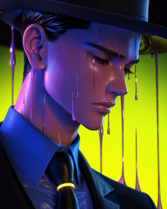 A 3D-rendered illustration of a man in a black hat and tie with eyes closed, as purple liquid drips down his face against a neon green and blue background.