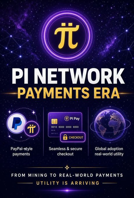 A promotional graphic for "PI NETWORK PAYMENTS ERA" featuring the Pi Network logo against a cosmic background, highlighting three key features: PayPal-style payments, seamless & secure checkout (with a Pi Pay card showing number 8012 9000 0000 6000), and global adoption real-world utility. The tagline "FROM MINING TO REAL-WORLD PAYMENTS — UTILITY IS ARRIVING" ties directly to the post's announcement that Pi Network is now listed among supported assets in PayPal's Pay with Crypto developer documentation.