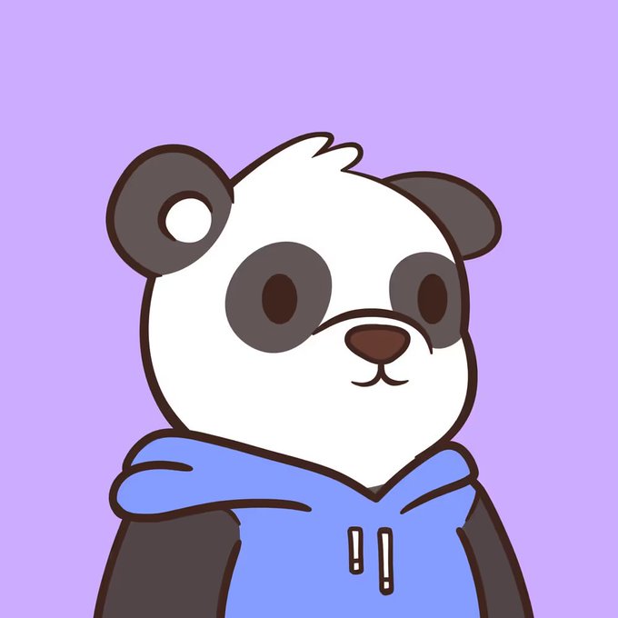 A cartoon panda wearing a blue hoodie with '!!' on it, set against a light purple background.