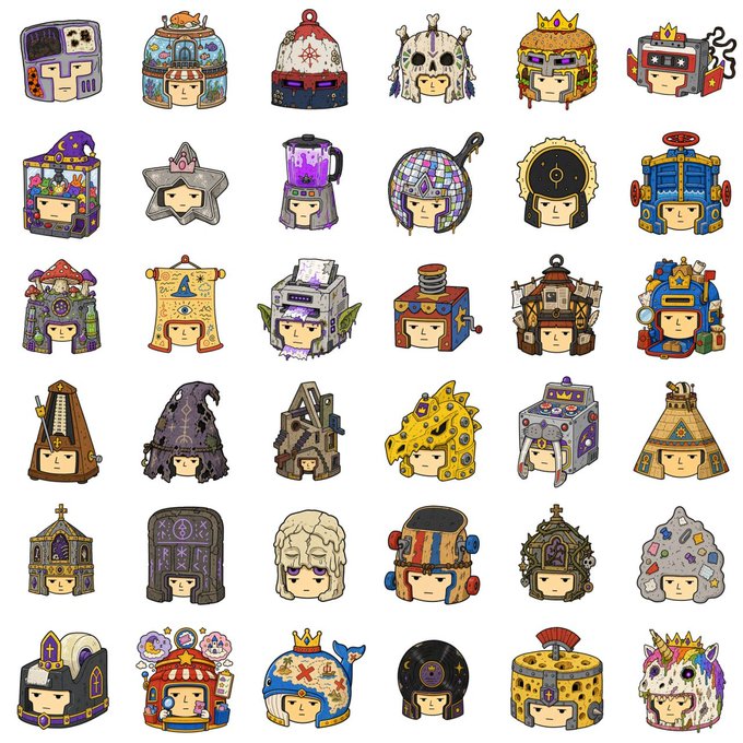A collection of 30 colorful NFT-style cartoon character illustrations arranged in a grid, each depicting various themed objects like castles, animals, vehicles, and robots with stylized faces.