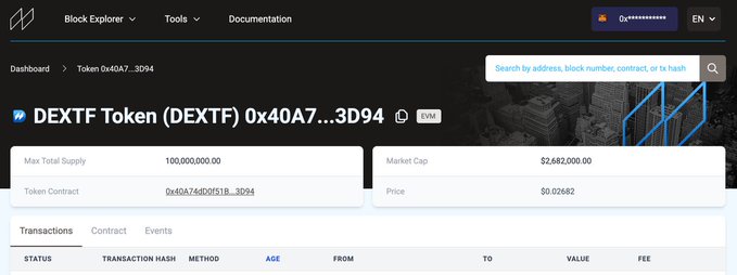 The screenshot displays the DEXTF token (DEXTF) on a Block Explorer, showing a max supply of 100,000,000 tokens, a market cap of $2,682,000 and a price of $0.02682 per token. This on‑chain data confirms the token is live on the Memento Chain, supporting the post’s claim that DEXTF is now operational and co‑developed with Deutsche Bank.