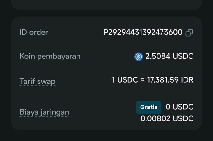 A cryptocurrency transaction details screen showing order ID P29294431392473600, payment coin of 2.5084 USDC, swap rate of 1 USDC ≈ 17,381.59 IDR, and network fee of 0.00802 USDC.