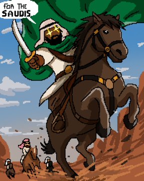 A cartoon-style illustration depicting a Saudi warrior on horseback holding a sword and green flag, with text reading 'FOR THE SAUDIS' and other riders in the background.
