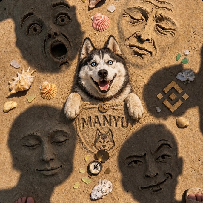 Digital artwork of a smiling husky dog with blue eyes lying on sand, with the word 'MANYU' and a Binance logo in the sand, surrounded by seashells and shadowed faces.