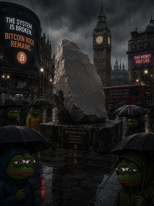 A rainy night scene in London features a large white rock, a clock tower, and a group of green frogs with sad expressions under umbrellas.