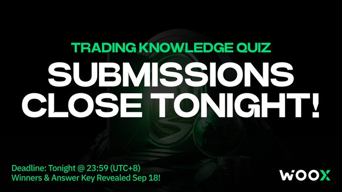A black promotional graphic with green and white text reading 'TRADING KNOWLEDGE QUIZ SUBMISSIONS CLOSE TONIGHT! Deadline: Tonight @ 23:59 (UTC+8) Winners & Answer Key Revealed Sep 18!' and the WOOX logo.