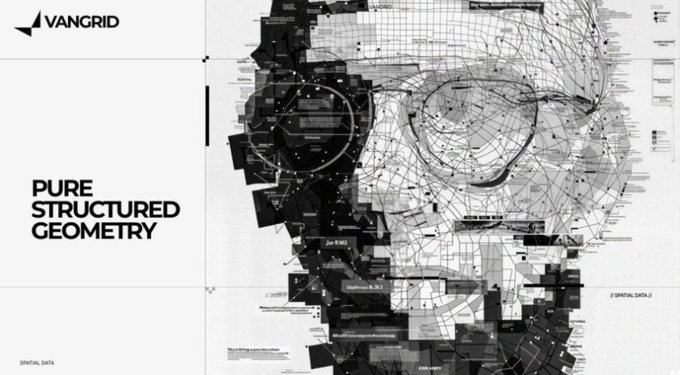 Black and white graphic design titled 'VANGRID - PURE STRUCTURED GEOMETRY' featuring an abstract structured data map overlaid on a face profile.