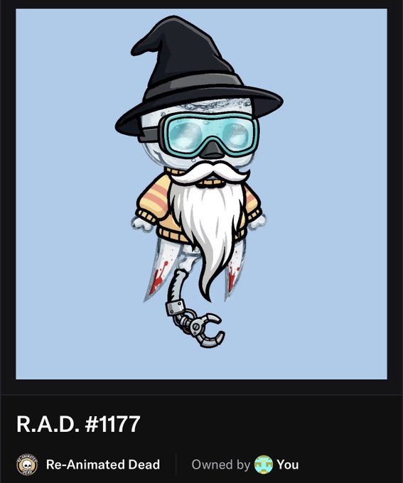 The image shows a chibi-style NFT character called R.A.D. #1177 (Re-Animated Dead), depicting a cute wizard with a black hat, diving goggles, white beard, and a robotic claw arm. The collection is owned by "You" and the post by Wicked Wizzy (@HunterHuds19456) promotes minting these Re-Animated Dead NFTs on OpenSea.