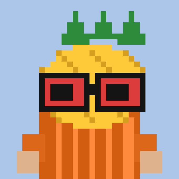 A pixel art illustration depicts a character with a yellow head wearing large red and black sunglasses, with a green crown-like shape floating above, against a light blue background.