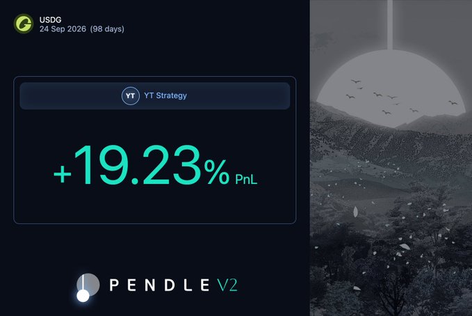 The image shows a screen displaying information about Pendle V2, which is an online trading platform for Bitcoin. The screen displays the current time, the number of days since the start of the year, and the percentage change in value over that period. There are also some birds visible in the background, adding to the overall atmosphere of the image.