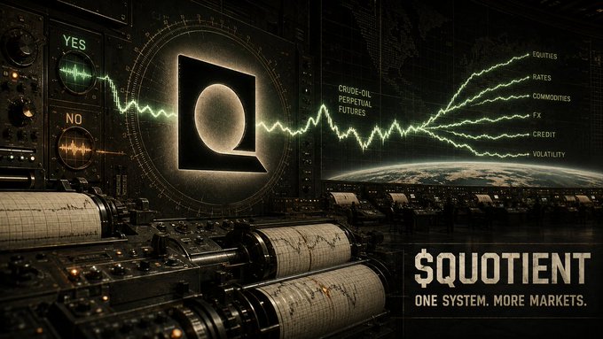 Promotional graphic for '$QUOTIENT' featuring a stylized 'Q' logo and seismograph-style readouts displaying financial categories like 'EQUITIES', 'RATES', 'COMMODITIES', 'FX', 'CREDIT', and 'VOLATILITY' alongside the tagline 'ONE SYSTEM. MORE MARKETS.'