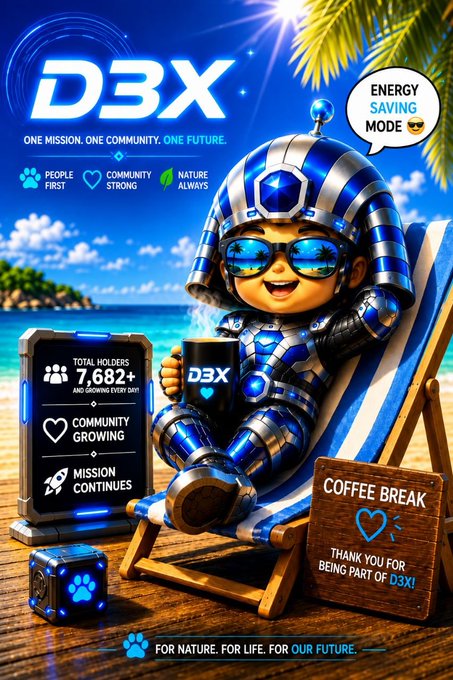 Promotional poster for "D3X" featuring a robotic character in blue armor relaxing on a beach chair with coffee, displaying stats like "7,682+" total holders and messages including "ENERGY SAVING MODE" and "COFFEE BREAK".