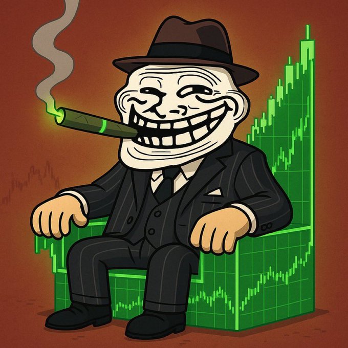 A cartoon illustration of a 'Trollface' character in a pinstripe suit and fedora, smoking a cigar while sitting on a throne made of green stock market charts.