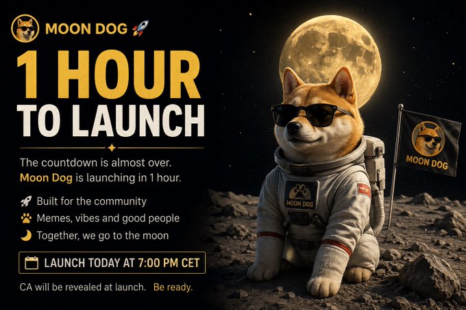 Promotional graphic for 'MOON DOG' crypto coin announcing '1 HOUR TO LAUNCH' with a Shiba Inu dog dressed as an astronaut on the moon, scheduled for 7:00 PM CET.