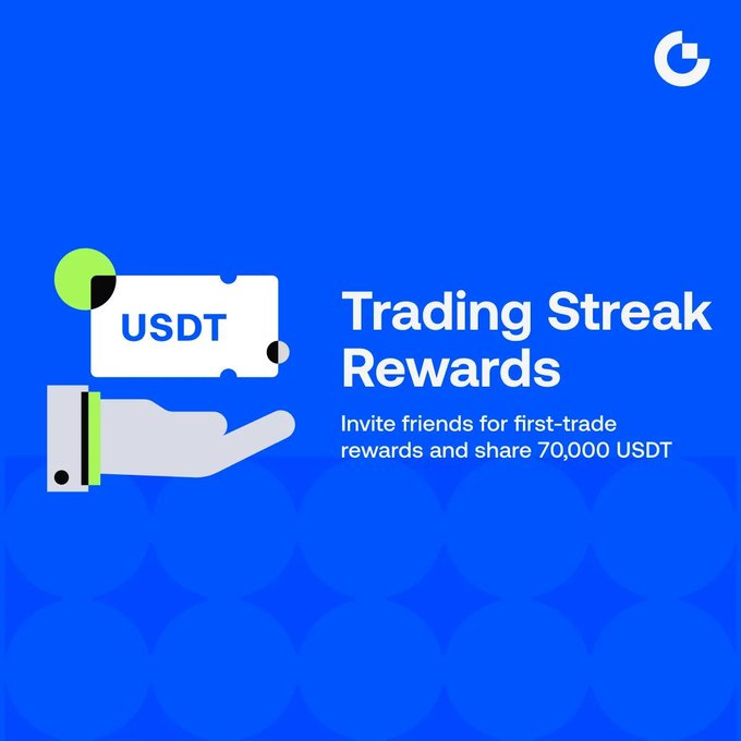 A blue promotional graphic featuring a stylized hand holding a ticket labeled "USDT" alongside the headline "Trading Streak Rewards," with a subheading inviting users to "Invite friends for first-trade rewards and share 70,000 USDT," matching the accompanying post about a referral program offering a 70,000 USDT cash reward pool for inviting friends to futures trading. The image's visual elements—the USDT ticket, "Trading Streak Rewards" title, and 70,000 USDT prize mention—directly reinforce the post's call to action for a trading referral campaign.