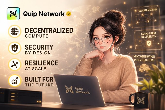 A young woman with glasses works on a "Quip Network" laptop alongside promotional graphics highlighting the project's key pillars: "Decentralized Compute," "Security by Design," "Resilience at Scale," and "Built for the Future," with additional floating panels emphasizing "Decentralization," "Long-Term Reliability," and "Next Generation Infrastructure." The image visually reinforces the post's message by illustrating Quip Network's focus on providing secure, resilient, and decentralized digital infrastructure solutions.