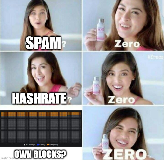 A woman holds a small bottle and emphatically declares "Zero" to questions of "SPAM?", "HASHRATE?", and "OWN BLOCKS?" displayed across meme panels, joking that a competing mining pool has none of these — satirizing the post's claim of "100% success."