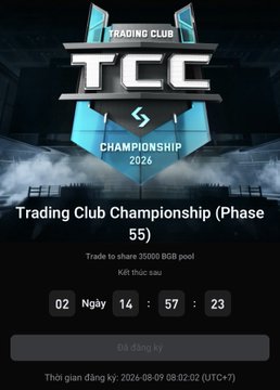 A promotional banner for the 'Trading Club Championship (Phase 55)' featuring the TCC Championship 2026 logo and a countdown timer.