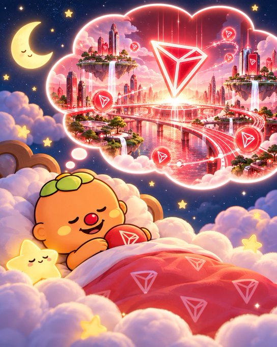 A whimsical illustration of a baby sleeping in a bed of clouds, dreaming of a futuristic pink city filled with floating TRON-style triangular logos, with a smiling moon overhead.