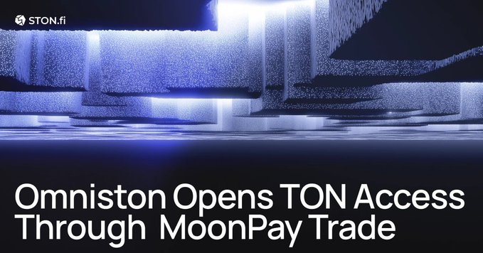 A digital banner with a blue pixelated architectural design and the STON.fi logo, displaying the text 'Omniston Opens TON Access Through MoonPay Trade.'