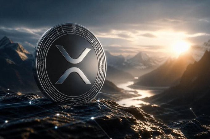 A silver coin bearing the XRP/X-style logo stands upright against a scenic mountain landscape at sunset, with a glowing digital network overlay on the rocky terrain.