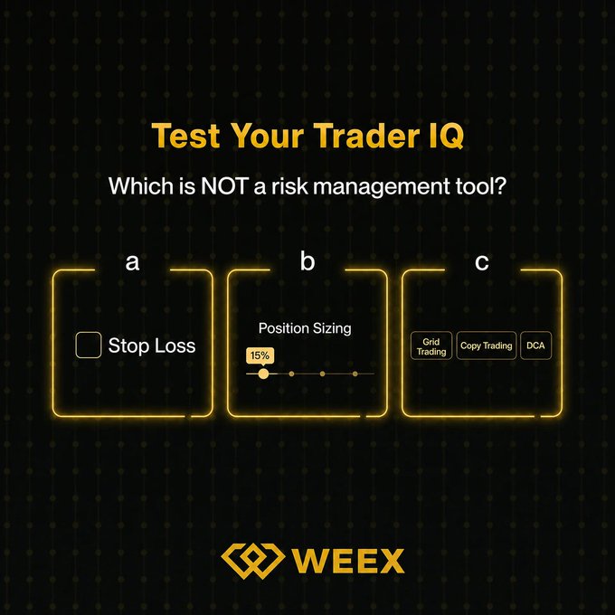 A WEEX-branded "Test Your Trader IQ" quiz graphic asks "Which is NOT a risk management tool?" with three answer options: (a) Stop Loss, (b) Position Sizing 15%, and (c) Grid Trading/Copy Trading/DCA. This serves as the visual question for the #WEEXQuiz Giveaway Round 21, where participants are instructed to comment their answer with their WEEX UID for a chance to win 50 USDT.