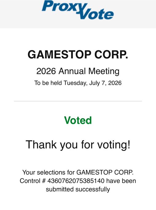 The image shows a screenshot of an email from GameStop Corp, which has been sent out via ProxyVote. The email contains a message that reads "Voted", followed by a list of selections made for the company's stock options. The email also includes a link to the company's website and a message encouraging users to vote in favor of the selected options.