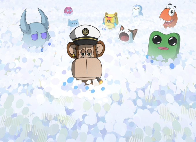 An illustration of a monkey captain character surrounded by clouds, with several small ghost-like creatures floating around it.