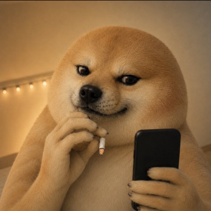 A chubby Shiba Inu stares intently at a smartphone while holding a cigarette, appearing deep in thought as it scrolls. The image's contemplative, somewhat defeated expression perfectly captures the mood of someone watching retail traders ("jeets") panic-sell at market lows.