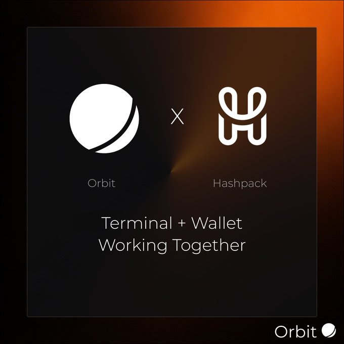 The image features a logo for an app called "Terminal + Wallet Working Together" with a white circle containing a black dot, which represents the word "terminal." Below this logo, there's text that reads "Oracle+ HashPack" in white letters and "Working together" in black letters. The background of the image is orange, creating a striking contrast against the black frame.