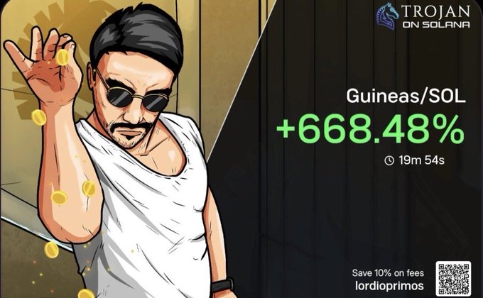 The image features a stylized illustration of a man in sunglasses and a white tank top tossing gold coins, alongside promotional text for "Trojan on Solana" highlighting a +668.48% gain on the Guineas/SOL pair within 19 minutes and 54 seconds, with a referral code "lordioprimos" for 10% fee savings. The post "Back2back calls in the TG @SolNumber7 PUT A PRIMO ON" aligns with this by celebrating the recent winning trade call showcased in the image.