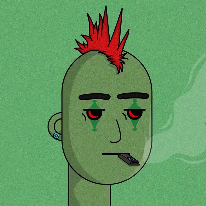 A cartoon illustration of a character with green skin, red spiky hair, tired eyes, and a cigarette in its mouth.