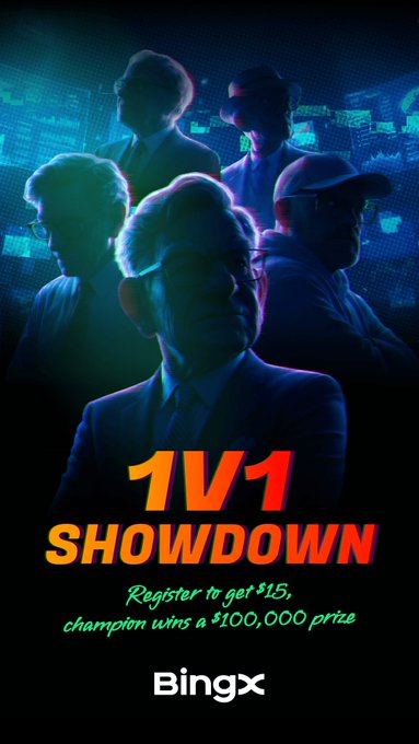 A vertical promotional graphic for BingX's '1V1 SHOWDOWN' trading competition, advertising a $15 registration entry and a $100,000 prize for the champion.