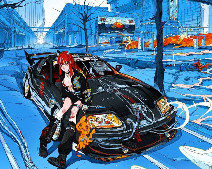 An anime-style illustration of a red-haired woman in a black kimono leaning against a heavily modified sports car in a blue-toned, war-torn urban environment.