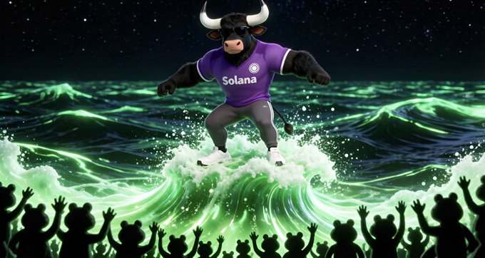 A cartoon anthropomorphic bull wearing a purple 'Solana' shirt surfing on a green wave with a cheering crowd of small characters below.