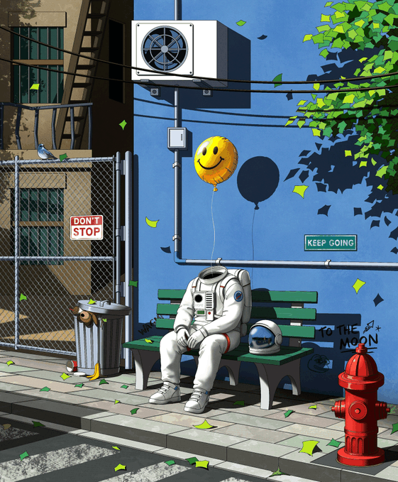 An astronaut sits slumped on a bench holding a smiley-face balloon, with a "DON'T STOP" sign on a fence and a "KEEP GOING" sign on the wall, plus "TO THE MOON" graffiti near a red fire hydrant.

The image captures the spirit of "Hening's" public mint: a lone astronaut awaits launch, symbolically representing collectors who kept going past obstacles (the "Don't Stop" warning) and are now ready to reach the moon with this new 0.02 ETH release.