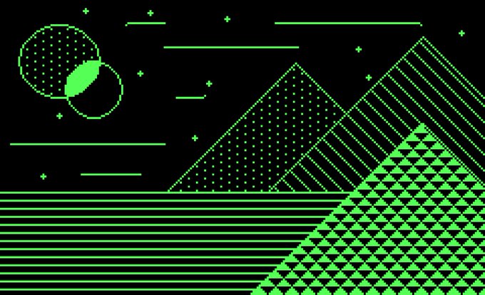 A retro-futuristic pixel art landscape in green and black featuring geometric mountains, patterned with triangles, and sun/moon spheres in the sky.