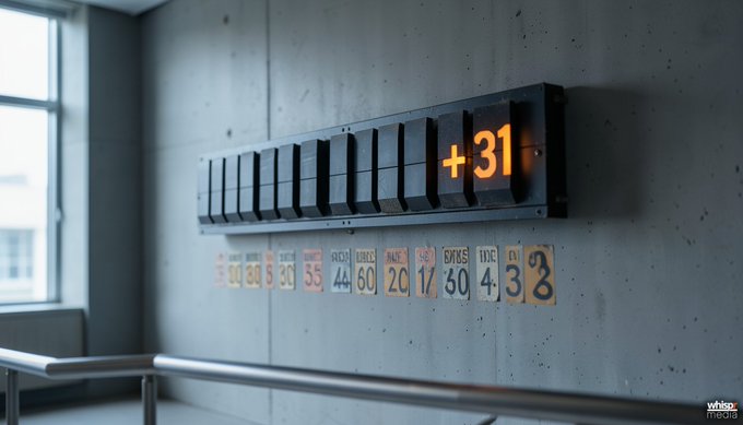 An industrial interior with concrete walls features a black mechanical panel displaying '+31' in orange illuminated numbers, with a row of small colorful license plates mounted below it.