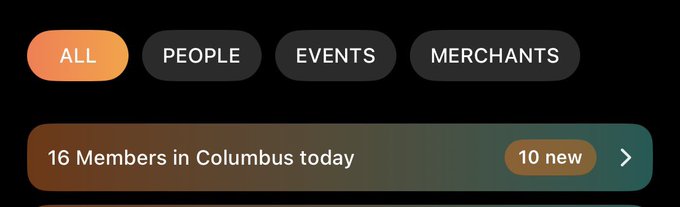A navigation menu showing filter tabs "ALL" (highlighted), "PEOPLE," "EVENTS," and "MERCHANTS," with a notification below reading "16 Members in Columbus today" and a "10 new" badge—illustrating how to view attendees at the @MWBTCSummit on Club Orange.