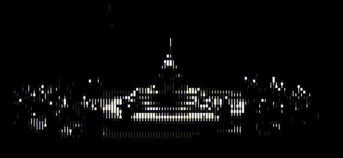 A pixelated, minimalist digital illustration depicts a nighttime city skyline with a prominent central building against a black background.